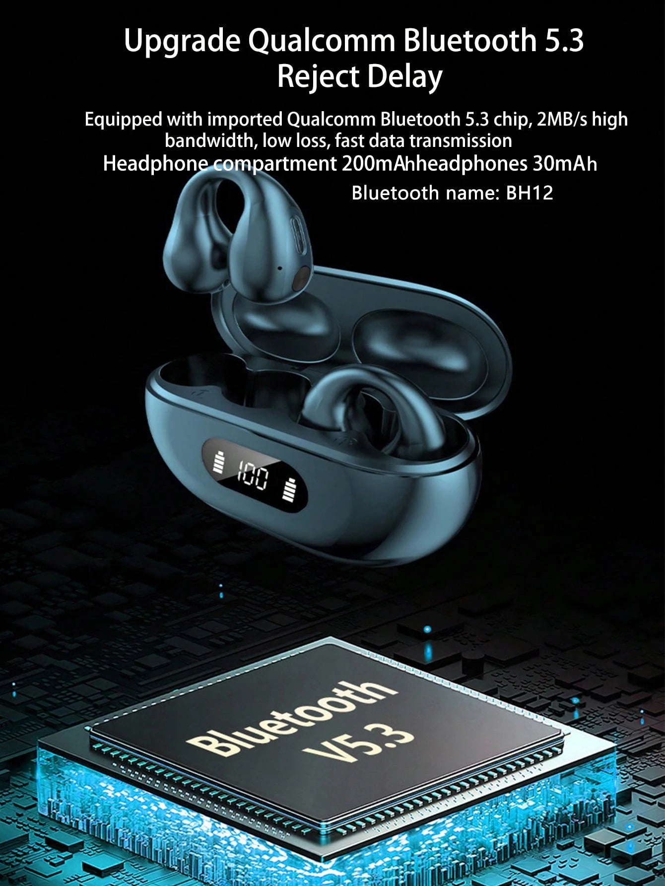 Clip-on Bluetooth earphones, ergonomic design, high sound quality, waterproof and dustproof wireless earphones